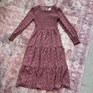 Maggeer Red White Floral Maxi Dress Crew Neck Long Sleeve Smocked Ruffle S